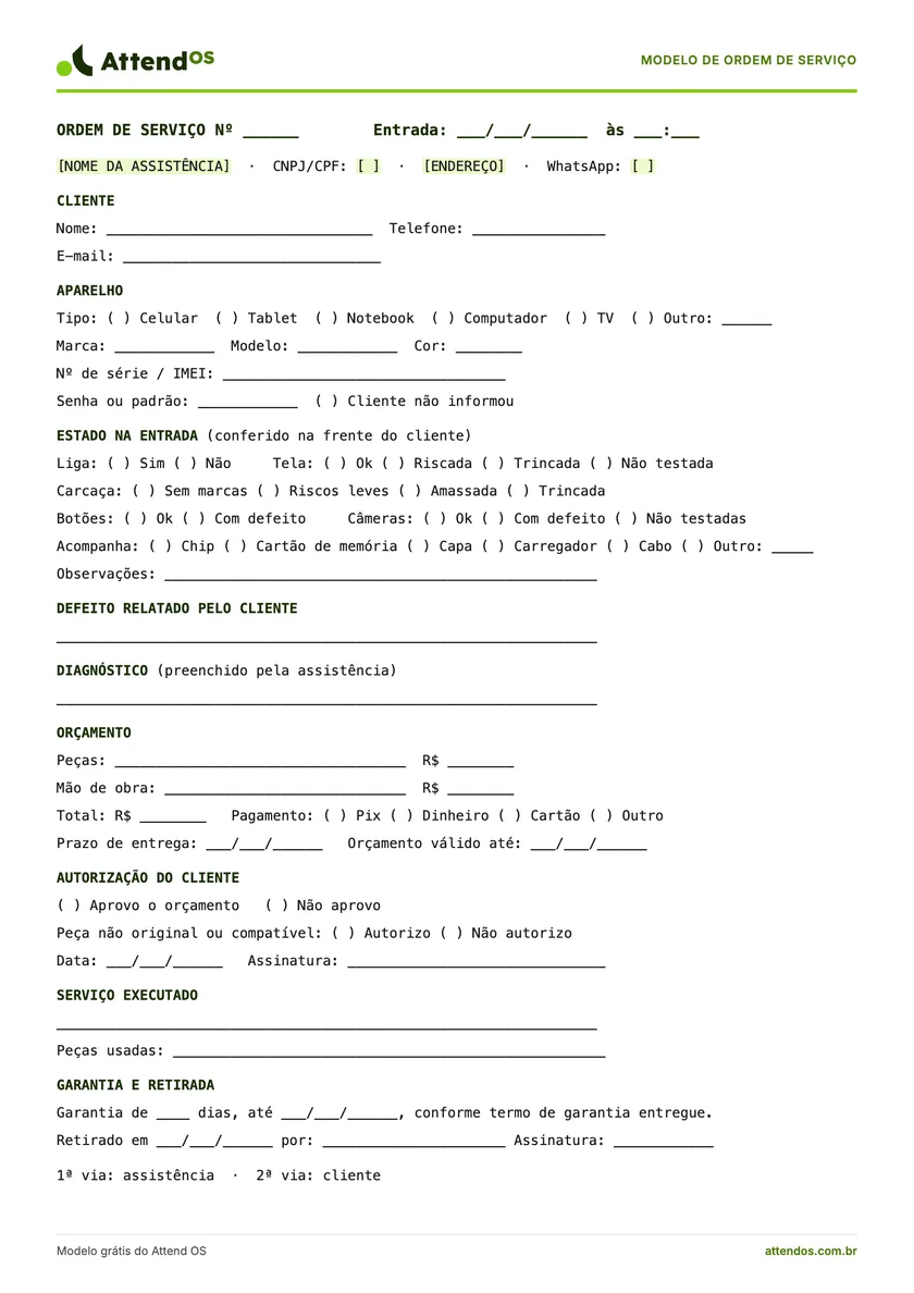 Prévia do PDF: modelo de ordem de serviço em 1 página A4, com a marca Attend OS.