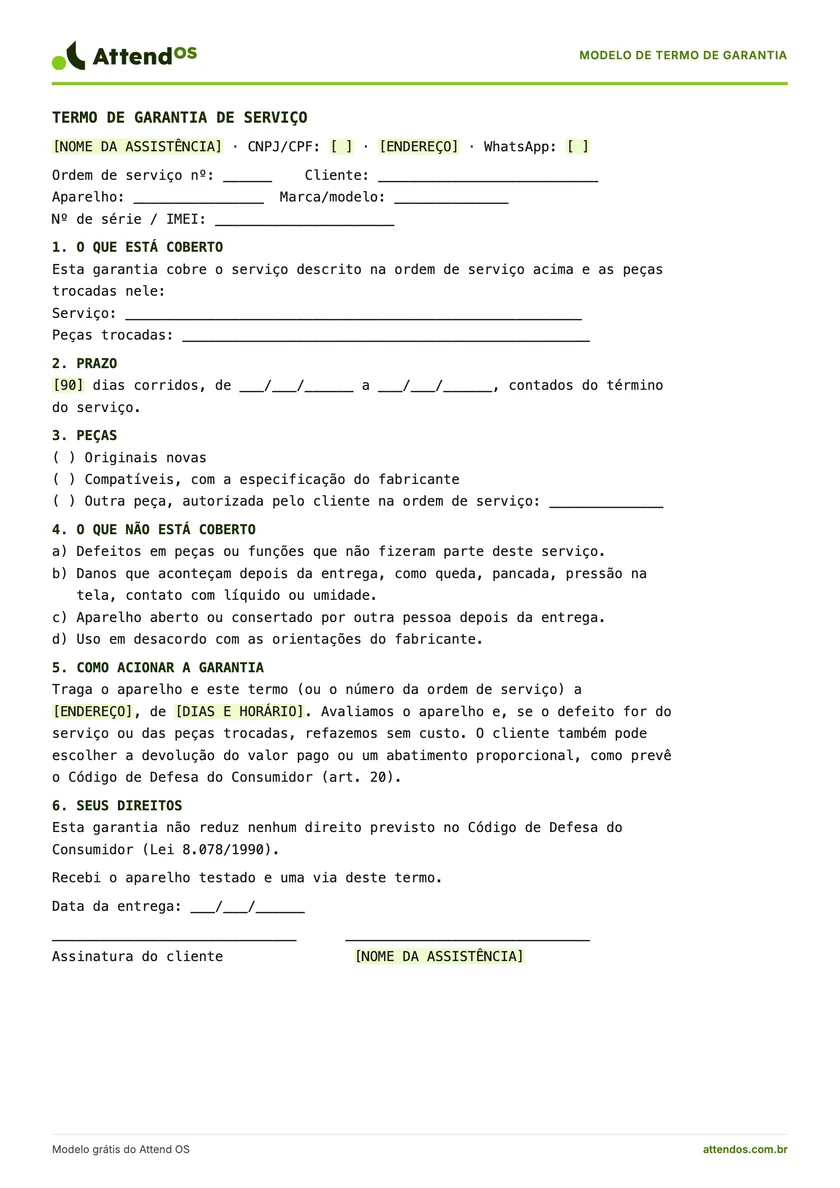 Prévia do PDF: modelo de termo de garantia em 1 página A4, com a marca Attend OS.